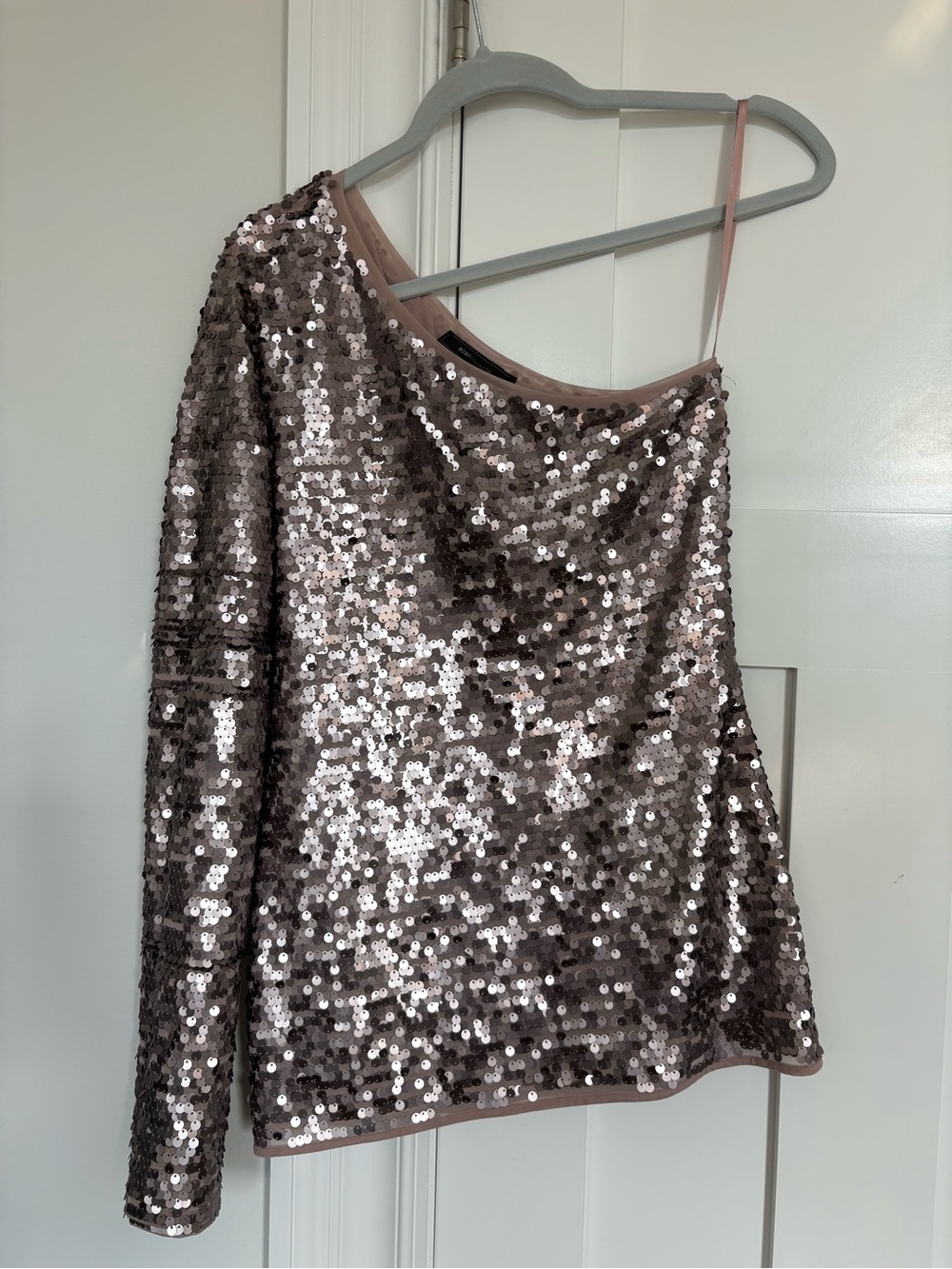 BCBGMaxAzria Rose Taupe Sequin One-Shoulder Top